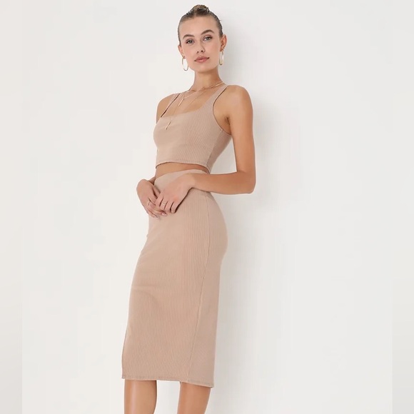 Lulus Dresses & Skirts - Lulus Set For Life Tan Ribbed Bodycon Two-Piece Dress